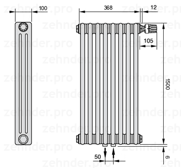 Схема (чертеж) Радиатор Zehnder Charleston 3150/8 №V008 Белый глянцевый RAL 9016